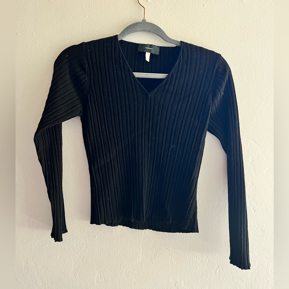 Zanone Black Ribbed Wool V Neck Sweater